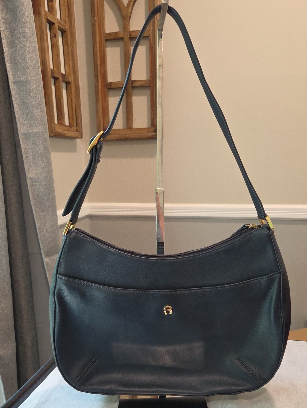 Etienne Aigner Navy Vintage Leather Shoulder Bag with Gold Accent